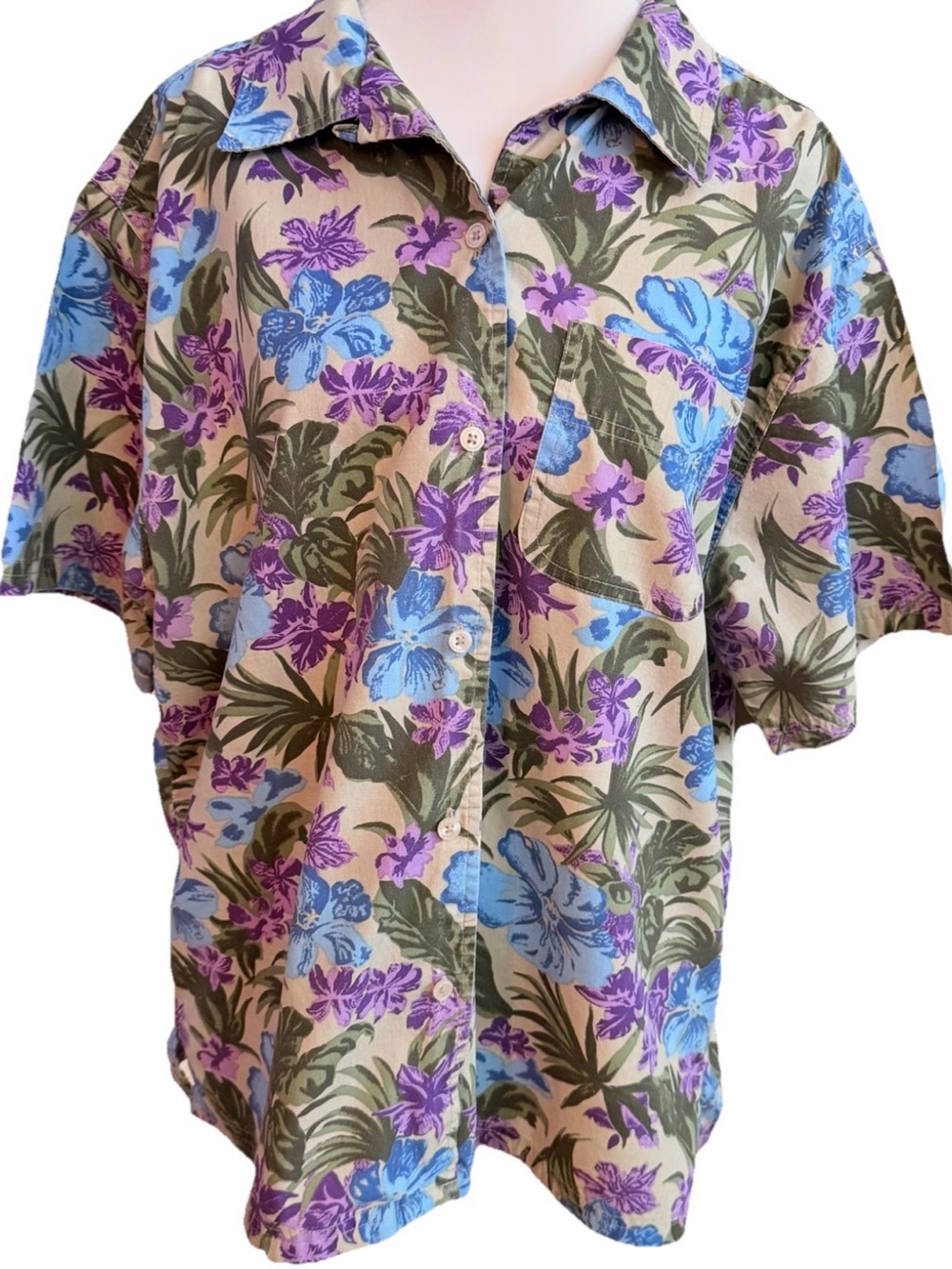 BOBBIE BROOKS Vintage Hibiscus Flax Tropical Floral Button Down Shirt Size XL